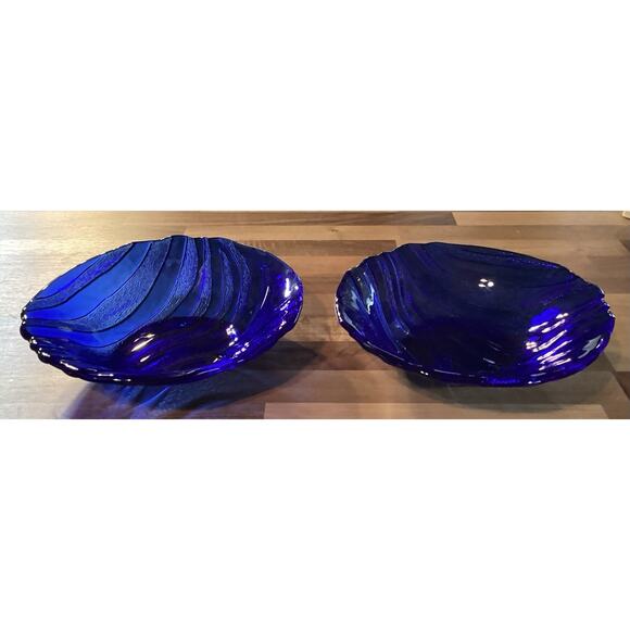 2 Vintage Cobalt Blue Glass Bowls IVV Textured Wavy Stripes Round Ocean 8.5” - Picture 2 of 10